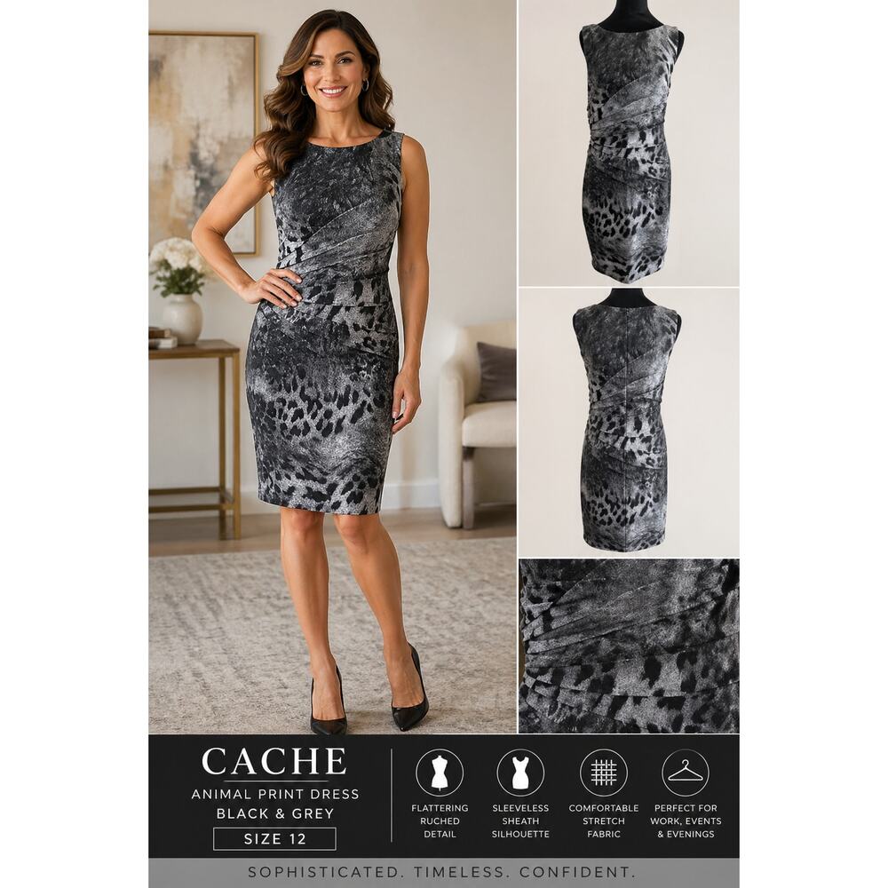 Cache Dress Animal Print Black Grey SZ12 Ruched Sheath Cocktail Spring Wedding